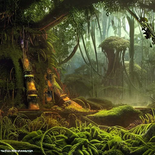Prompt: alien artifacts in the jungle, overgrown, lost alien tech, ancient alien tools and houses, lush forest, moss, glowing alien circles and monuments, alien relic, syd mead, john harris, art station