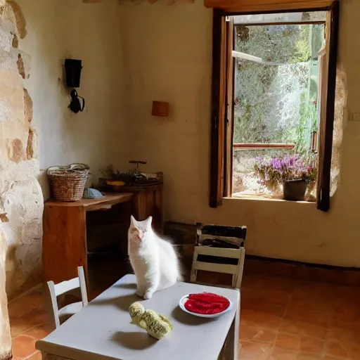 Image similar to Picture of very very very very filled provence interior room with cat sitting on the table,