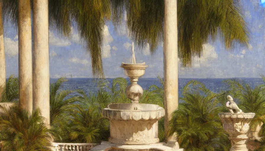 Image similar to a ultradetailed beautiful painting of an old fountain in the amazonas palace balustrade designed by jules bastien - lepage, tarsila do amaral, frank weston and gustave baumann, beach, trending on artstation, mediterranean, palm trees, sharp focus, soft light, 8 k 4 k