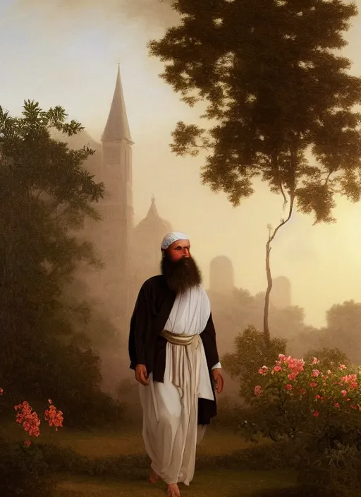 Prompt: oil painting portrait of a dominican monk with a long beard in a white and brown habit, striding dancing through a flourishing garden at sunset with a monastery in the background, hazy, digital art, chiaroscuro, artstation, cinematic, golden hour, digital art painting by greg rutkowski, william - adolphe bouguereau, hazy atmosphere, flowers, cinematic lighting