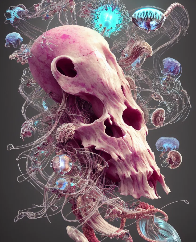 Image similar to goddess close-up portrait ram skull, thorax, x-ray, backbone, jellyfish phoenix head, nautilus, orchid, skull, betta fish, bioluminiscent creatures, intricate artwork by Tooth Wu and wlop and beeple. octane render, trending on artstation, greg rutkowski very coherent symmetrical artwork. cinematic, hyper realism, high detail, octane render, 8k