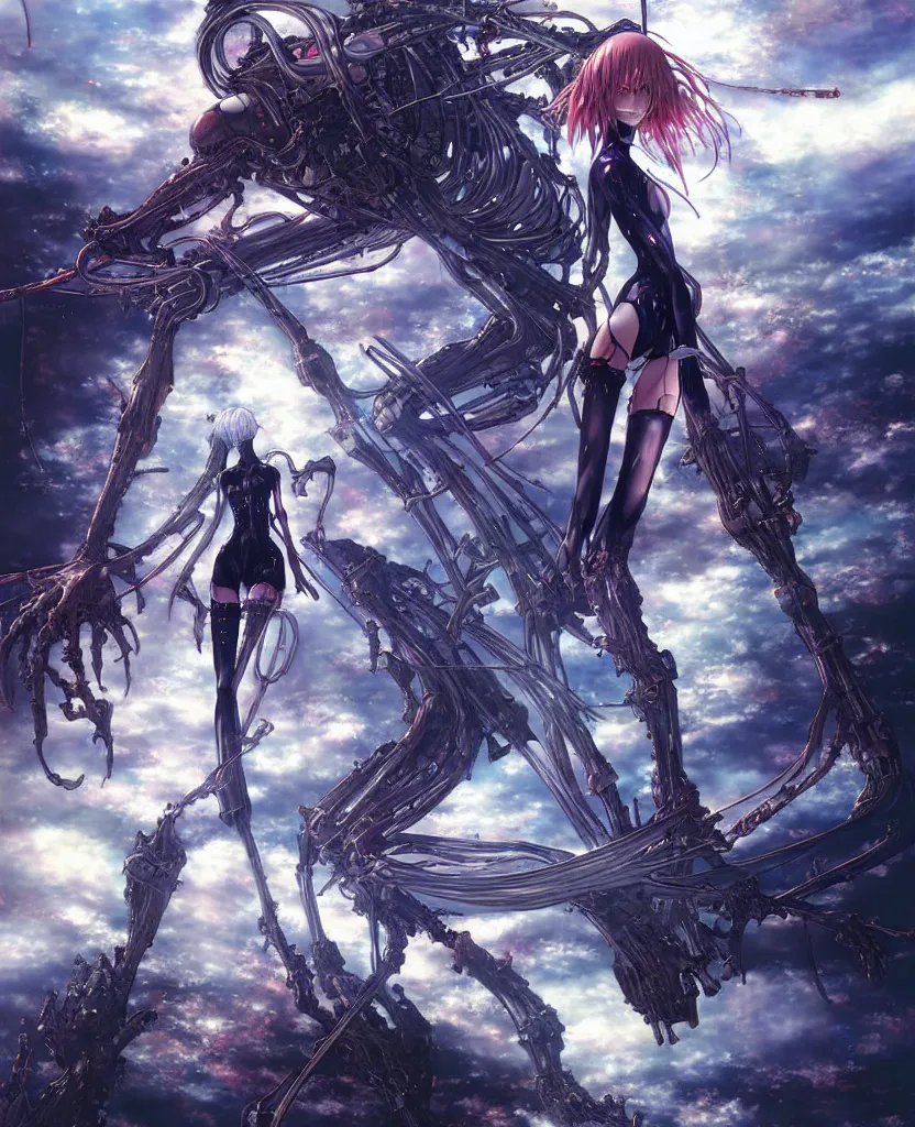 Image similar to realistic digital illustration of fantasy science fiction landscape, rei ayanami, depth perception, depth of field, high resolution, action horror, gothic, rich deep colors. by yoshitaka amano, by yukito kishiro, by yoshiyuki sadamoto, masterpiece