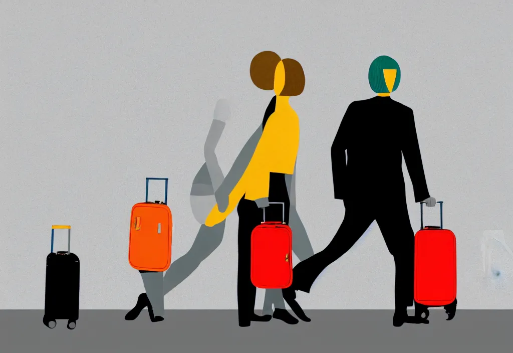 Image similar to full body portrait of a duo of european tourists travel apparel, various poses walking and carrying luggage, geometric character designs painting, in the style of wes anderson, rene magritte, lola dupre, david hockney, isolated on white background, dark monochrome neon spraypaint accents octane render