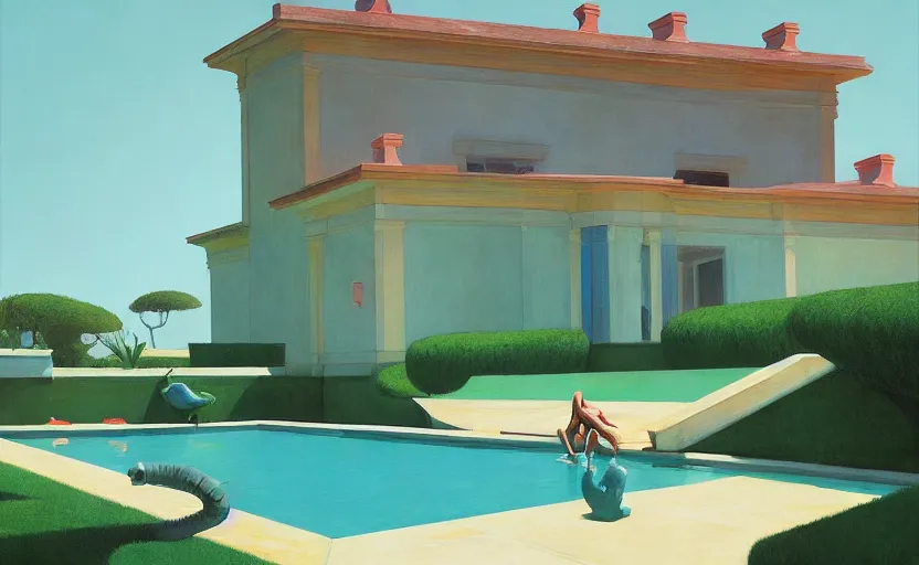 Image similar to A villa with a big pool, very coherent, painted by Edward Hopper, Wayne Barlowe, painted by James Gilleard, airbrush, art by JamesJean