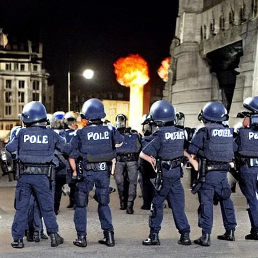 Prompt: film still, policemen, in 2011 London riots