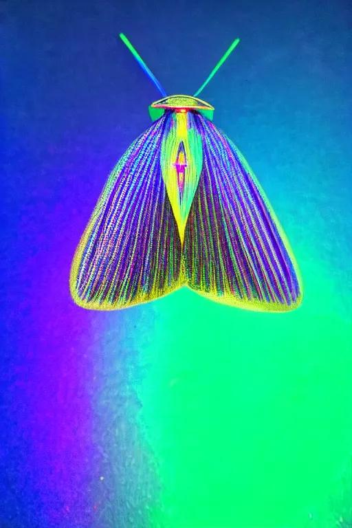 Image similar to high quality macro photo lowbrow iridescent moth! jewelled gorgeous! highly detailed david ligare elson peter cinematic blue neon lighting high quality low angle hd 8k sharp shallow depth of field