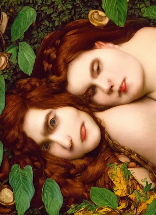Image similar to masterpiece beautiful seductive flowing curves preraphaelite face portrait amongst leaves, extreme close up shot, straight bangs, thick set features, yellow ochre ornate medieval dress, raven, laying amongst foliage mushroom forest circle arch, frederic leighton and kilian eng and rosetti, 4 k