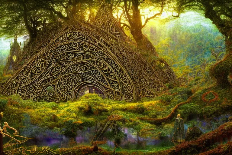 Prompt: a beautiful and highly detailed digital painting of an elven structure in psychedelic forest in a beautiful valley, psychedelic patterns, celtic designs, intricate details, epic scale, 8 k, sharp focus, photorealism, artstation, cgsociety, by caspar friedrich, albert bierstadt, james gurney, brian froud,