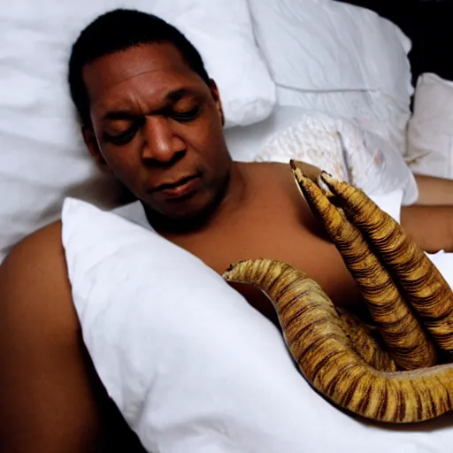Image similar to john coltrane snuggling one giant mealworm in bed