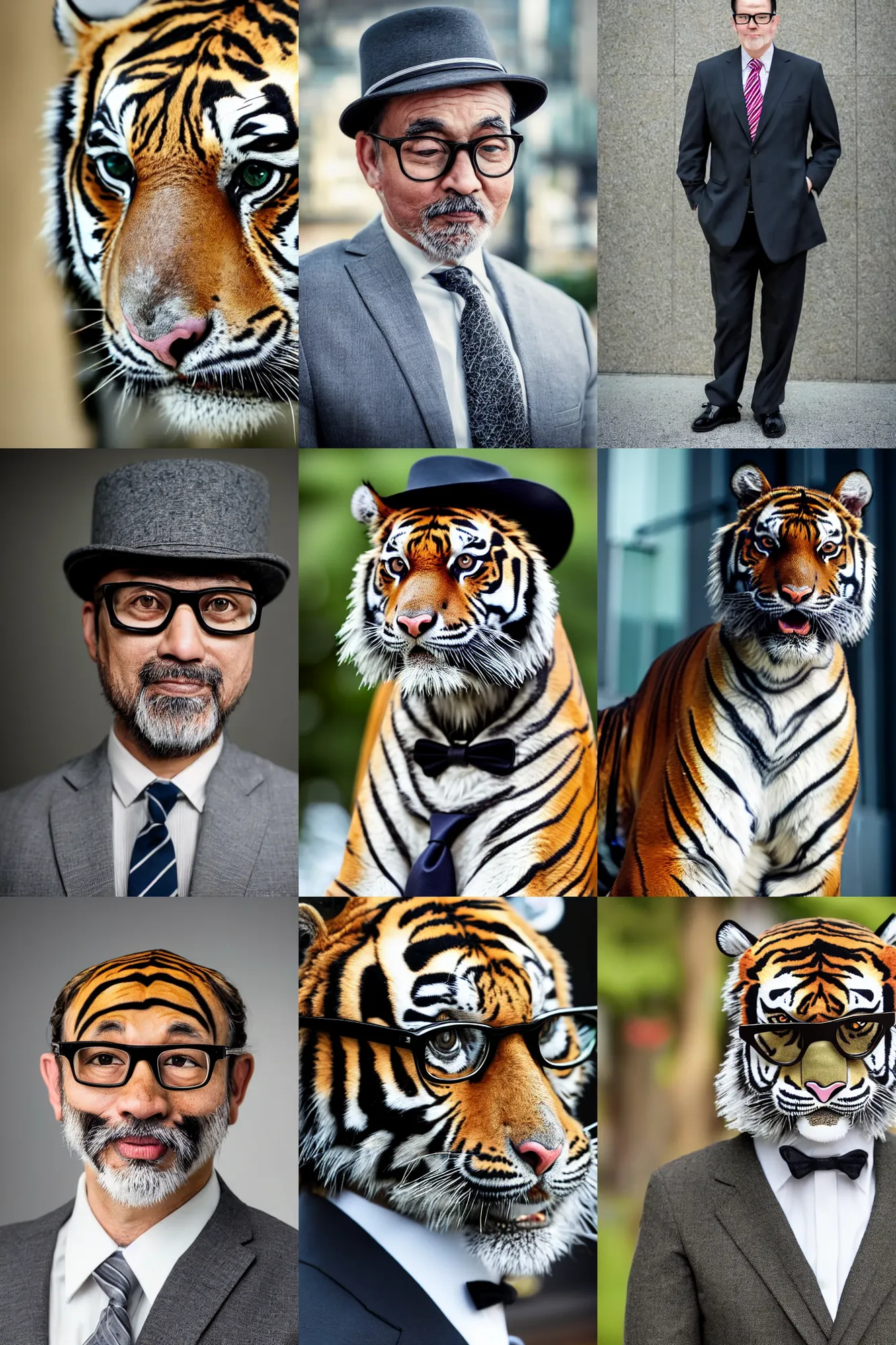 Prompt: realistic portrait photo of a !!graying tiger!! wearing a business suit and tie, wearing a bowler hat, !!wearing modern glasses!!, !!!Anthropomorphic!!!, photography 4k, f1.8 bokeh, 4k, 85 mm lens, sharp eyes, looking at camera, photorealistic, trending on getty