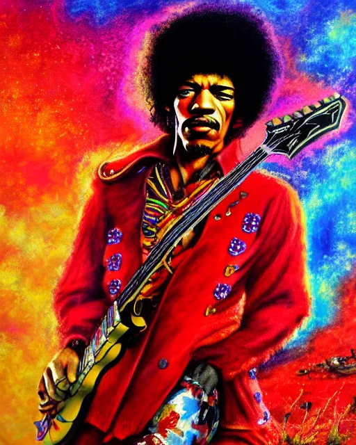 Image similar to highly detailed medium shot of jimi hendrix, dressed in red clothes, full face view, on a battlefield, holding a guitar gun, hyper realistic, psychedelic, illustration, digital paint, matte paint, vivid colors, detailed and intricate environment