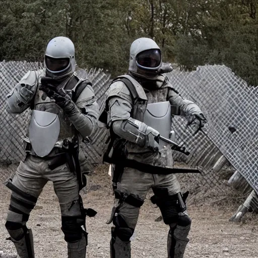Prompt: British mercenaries wearing grey body armor with grey helmets smoking cigarettes in the aftermath of a bloody battle, photo by Adam Ferguson, Pulitzer Winning, cinematic composition, breathtaking, modern, 2022