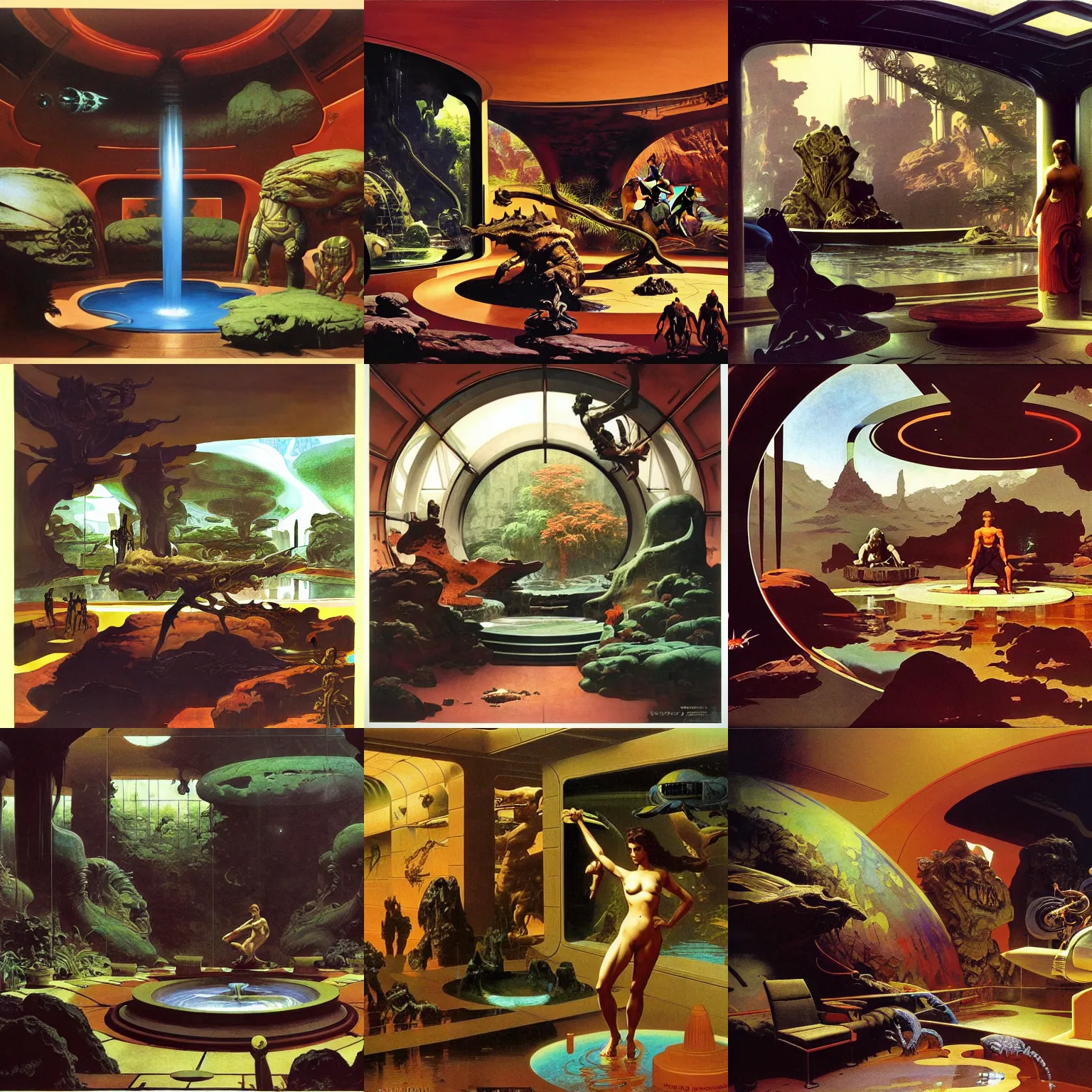 Prompt: interior view asimov mars habitat flora fauna fountain by syd mead, frank frazetta, ken kelly, simon bisley, richard corben, william - adolphe bouguereau