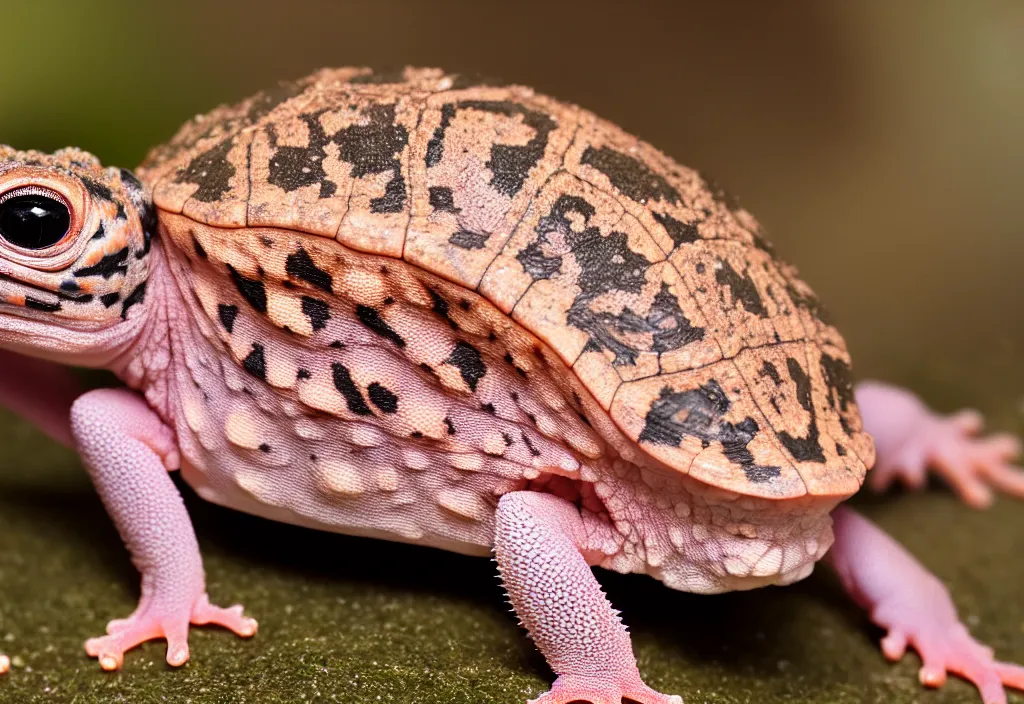 Prompt: Photo of one young New Zealand pink gecko tortoise looking at the camera, cute, nature photography, National Geographic, 4k, award winning photo