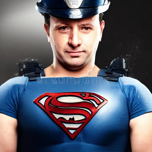 Image similar to A police officer superhero hybrid, posing heroically, stock image