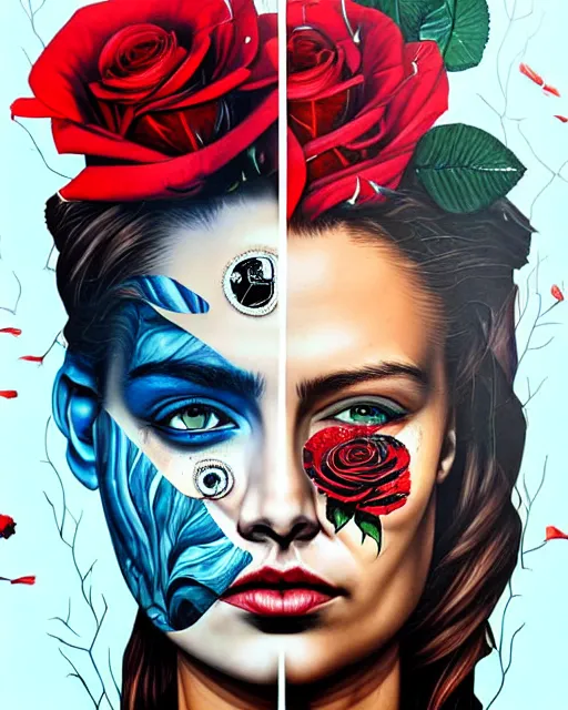 Image similar to split faced person holding pistol and roses in a deep sea with intricate details by Sandra Chevrier with half image