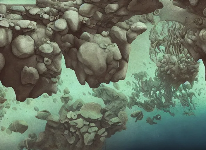 Image similar to an underwater landscape painted by, mc escher, gordon onslow ford, georgia o'keeffe and ippolito caffi, cinematic light, zbrush central,