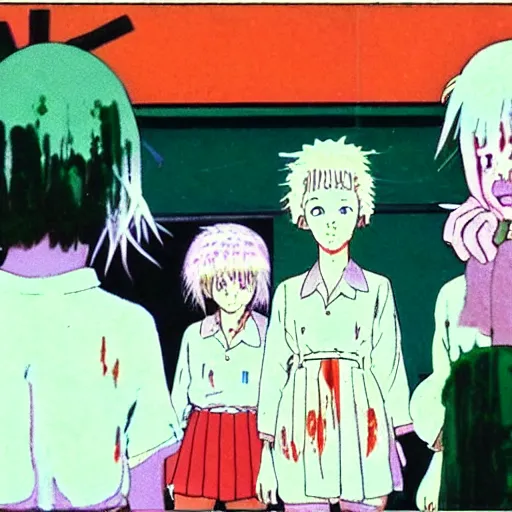 Prompt: screenshot from guro anime, 8 0's horror anime, yellowed grainy vhs footage with noise, schoolgirls trapped in a bathroom, one girl has white hair, in the style of studio ghibli,