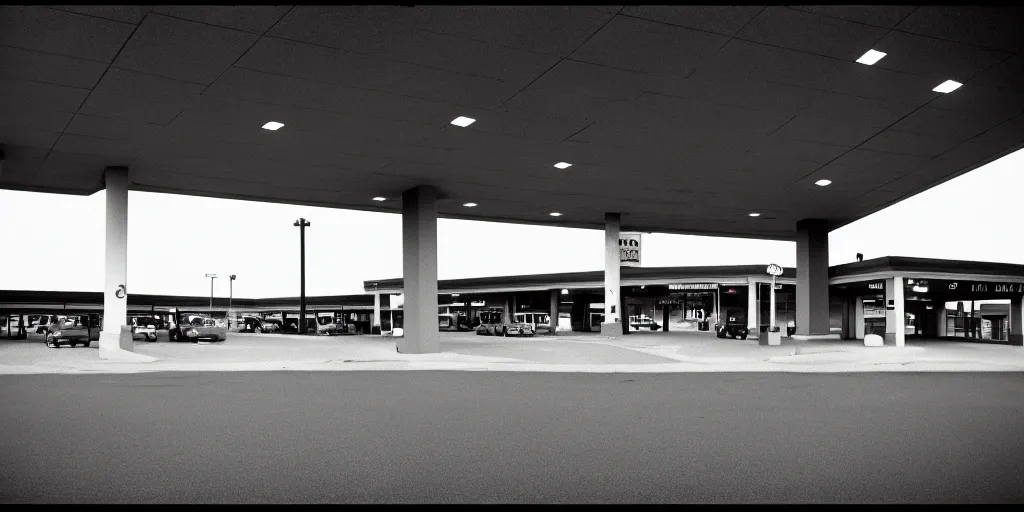 Prompt: port byron travel plaza, eerie vibe, leica, 2 4 mm lens, cinematic screenshot from the 2 0 0 1 surrealist film directed by charlie kaufman, kodak color film stock, f / 2 2, 2 4 mm wide angle anamorphic