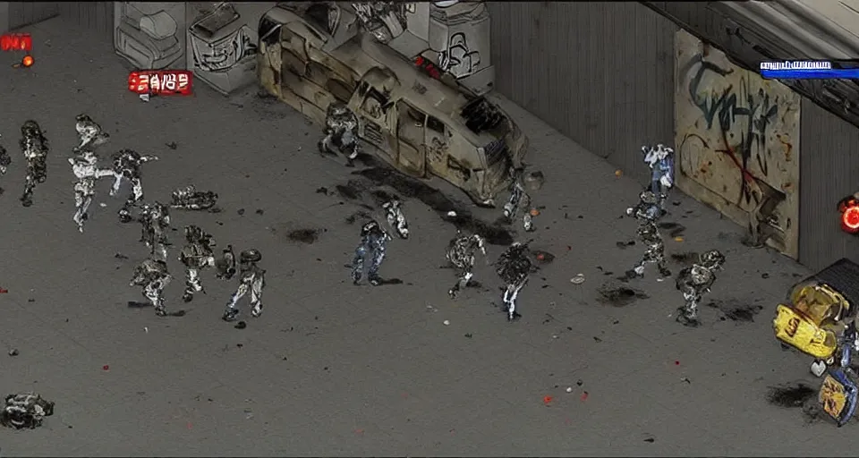 Prompt: 1998 Video Game Screenshot of Neo-tokyo Cyborg bank robbers vs police, Set inside of Parking Garage, Dark, Multiplayer set-piece Ambush, Tactical Squads :10, Police officers under heavy fire, Suppressive fire, Pinned down, Destructible Environments, Gunshots, Headshot, Bullet Holes and Anime Blood Splatter, :10 Gas Grenades, Riot Shields, MP5, AK45, MP7, P90, Chaos, Anime Machine Gun Fire, Gunplay, Shootout, :14 FLCL + Jet Grind Radio, Cel-Shaded:17, Created by Katsuhiro Otomo + Arc System Works: 20