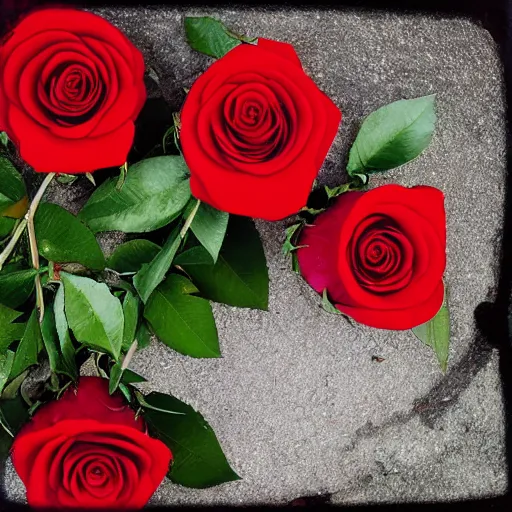 Image similar to red roses, surrounded by ashes, fisheye photo