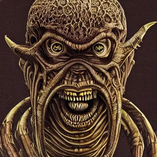 Image similar to alien trump, sharpt teeth, by h. r. giger, nightmare fuel, nightmarish, intricate, highly detailed, optical illusion, stranger things demogorgon