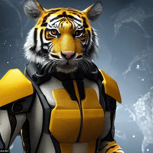 Image similar to humanoid with tiger-like features in futuristic space armor with force fields, yellow eyes, teeth that protrude past the lower lip and fine grayish fur on their faces and backs of their hands and carrying weapons, octane,