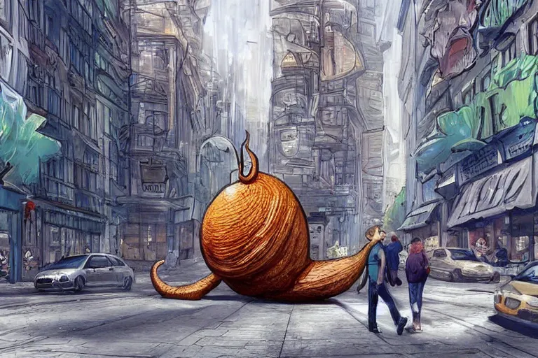 Prompt: concept art of a giant 1 0 meters high snail on the streets of a city