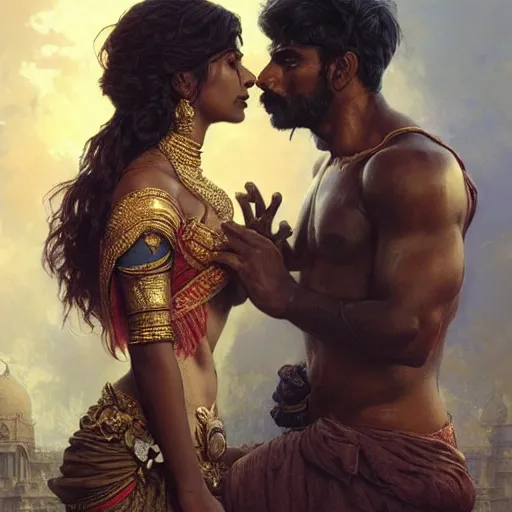 Prompt: portrait painting of dark muscular oiled indian couple kissing, ultra realistic, concept art, intricate details, eerie, highly detailed, photorealistic, octane render, 8 k, unreal engine. art by artgerm and greg rutkowski and alphonse mucha