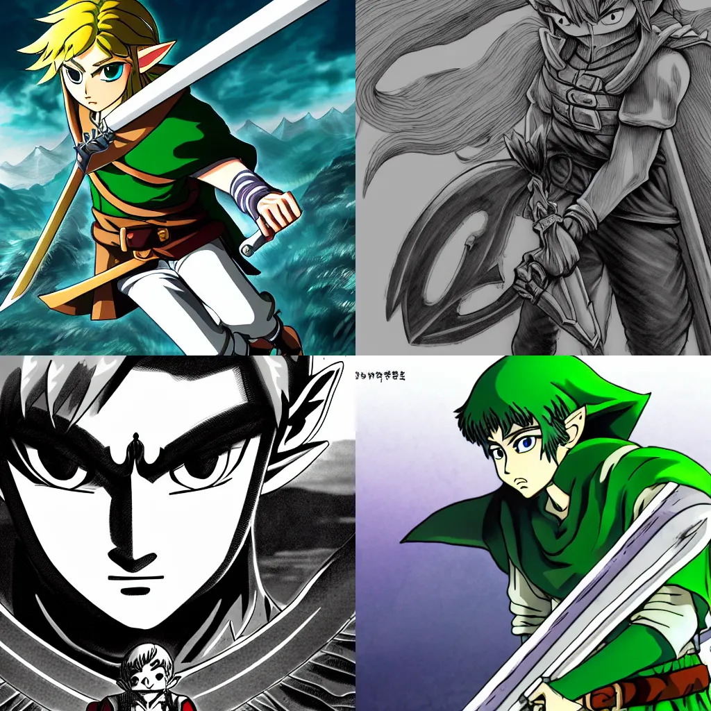 Prompt: Link in the style of Kentaro Miura, Legend of Zelda, Berserk, manga, seinen, 4k