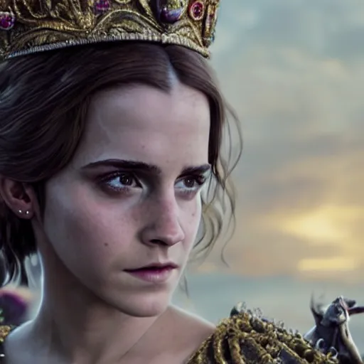 Prompt: highly detailed vfx of emma watson as lady queen castle, stephen bliss, unreal engine, chrome reflect, tom bagshaw, alphonse mucha, global illumination, detailed and intricate environment