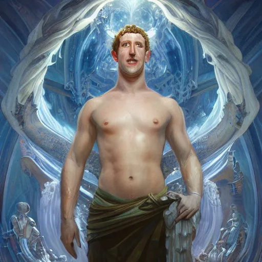 Image similar to portrait of mark zuckerberg as a heavenly god, full body, muscular, fantasy, intricate, elegant, highly detailed, digital painting, artstation, concept art, matte painting, sharp focus, illustration, art by artgerm and greg rutkowski and alphonse mucha