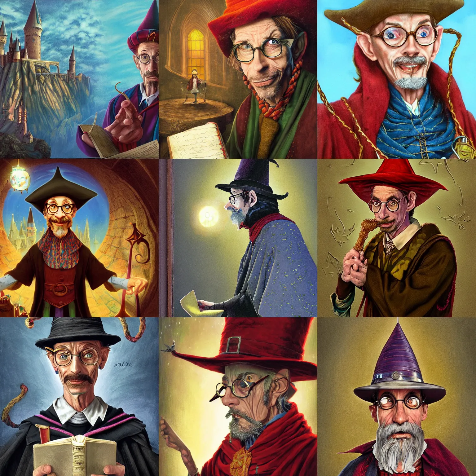 Prompt: Portrait of Rincewind as cynical, cowardly, incompetent professor in Hogwarts School of Witchcraft and Wizardry, detailed, hyperrealistic, colorful, cinematic lighting, digital art by Paul Kidby and Jim Kay