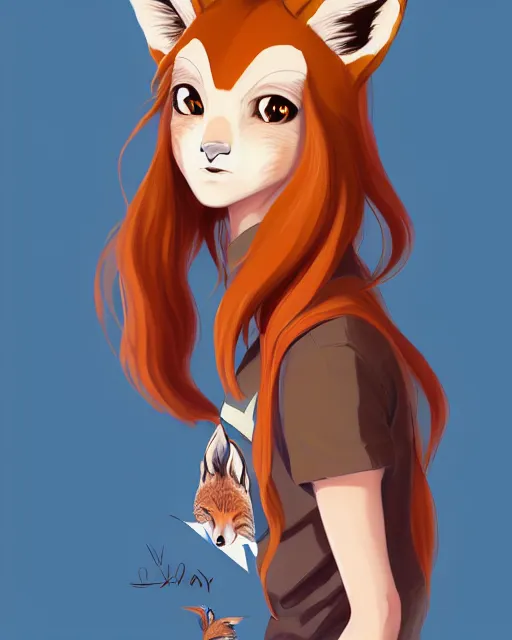 Image similar to fullbody portrait of wild half - fox woman with fox nose and ears, wearing summer jeans shorts and tshirt, anime art, concept art, detailed attractive face with fox nose and fox mouth, symmetrical, trending on pixiv, by lois van baarle by sung choi by john kirby artgerm style pascal blanche and magali villeneuve