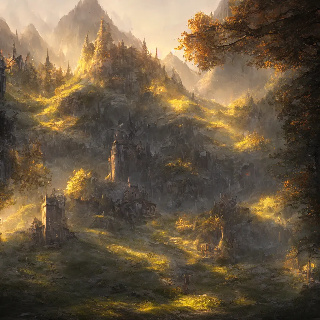 Prompt: digital painting of a small castle town, metal walls, behind a forest, large mountains in back, concept art, low angle, high detail, warm lighting, volumetric, godrays, vivid, beautiful, trending on artstation, by Jordan grimmer, no focus, huge scene, grass