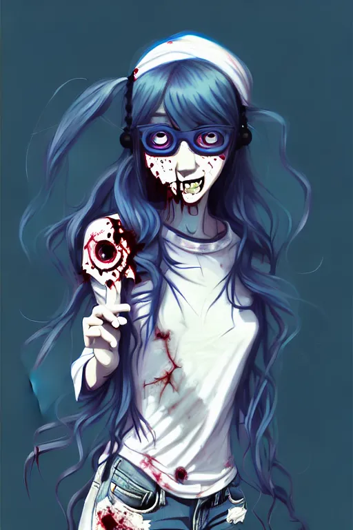 Image similar to urban school zombie girl in tattered clothes fanart, dark blue long hair, muted colors, matte print, pastel colors, ornate, digital art, cute smile, digital painting, fan art, elegant, pixiv, by Ilya Kuvshinov, by Studio Ghibli