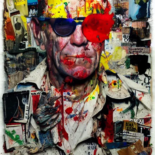 Image similar to hyperrealistic, photorealistic, mixed media oil painting of hunter s thompson, magazine scraps, plaster, blood, oil, mustard, splatter, greg rutkowski, basquiat, ralph steadman, wesley kimler, terry gilliam, andy warhol, dali