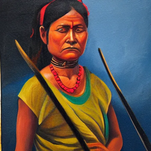 Image similar to a nepali woman carrying a sword, fierce, oil painting