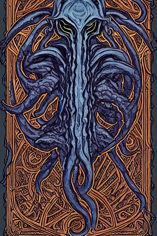 Image similar to ancient eldritch horror, mind flayer, illithid, concept art, digital art, tarot card, highly detailed, ornate border, in the style of dungeons and dragons, old school