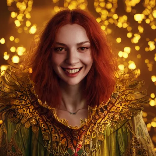 Prompt: a totally amazed smiling anastasia ivanova surrounded by golden firefly lights in a mesmerizing scene, fully covering intricate detailed bohemian outfit, red hair, precise linework, accurate green eyes, small nose with freckles, beautiful smooth oval head, expressive emotions, hyper realistic ultrafine portrait by artemisia gentileschi, jessica rossier, greg rutkowski, artgerm