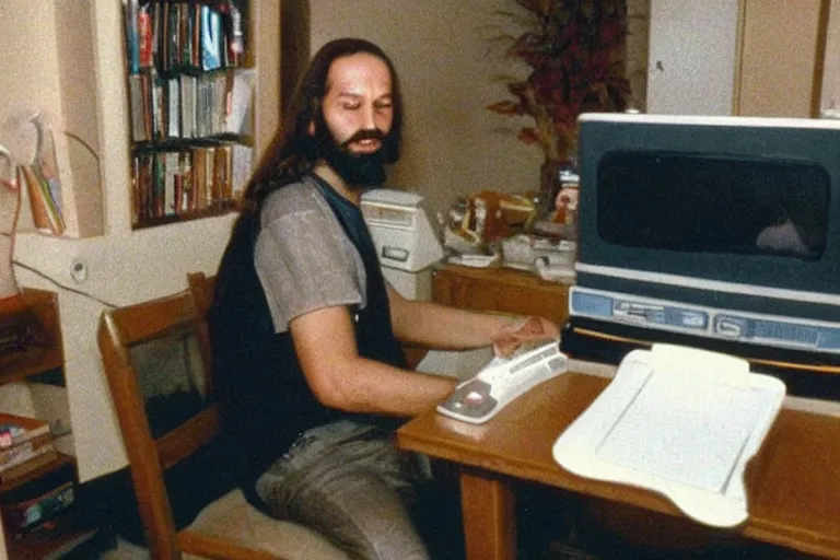 Image similar to a Photo made with a disposable camera of Jezus Christ playing a DOS game on his Personal Computer, in the year 1989