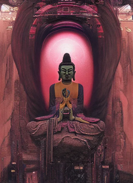 Image similar to a beautiful matte painting portrait of the cyberpunk buddha, by wayne barlowe