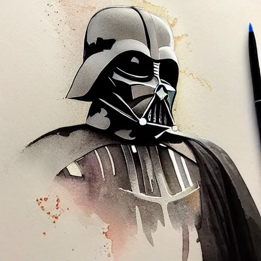 Image similar to a beautifull intricate watercolour painting of darth vader, reflexions, verry high details by william turner art, greg rutkowski and alphonse mucha, trending on artstation, very very detailed, masterpiece, muted colors