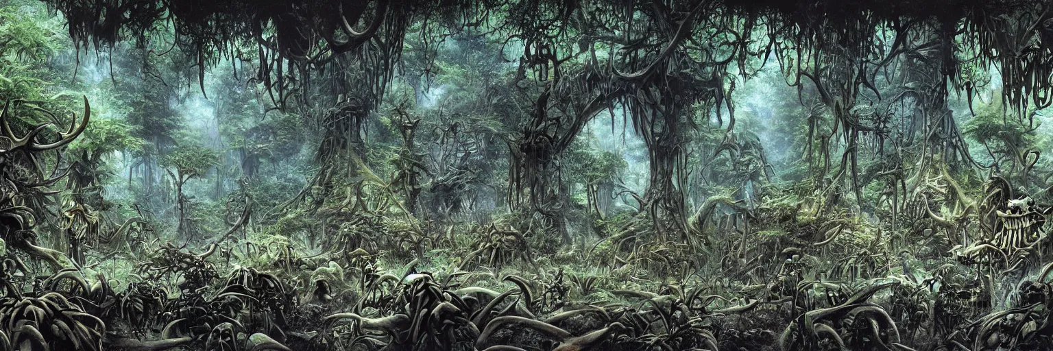 Image similar to underground cave on an exotic alien planet with a jungle canopy of antler trees in the background, leafy overgrowth, insectile weeds, demon faces, skulls, by ian miller, rodney matthews and al feldstein, photorealistic render