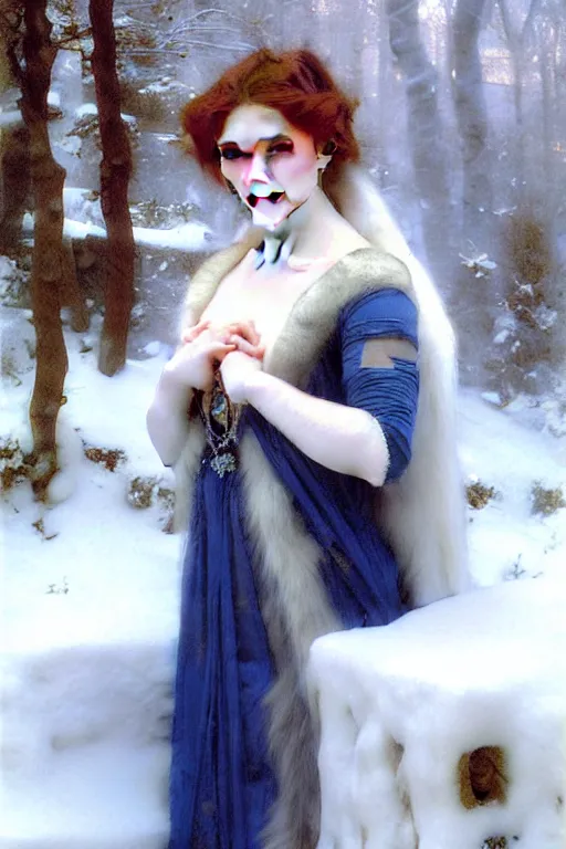 Prompt: snow queen in furry ice cold, painting by rossetti bouguereau, detailed art, artstation