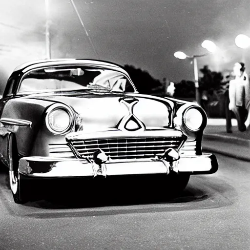 Prompt: chrome car, 1 9 5 0 s, elvis, nighttime, starlight