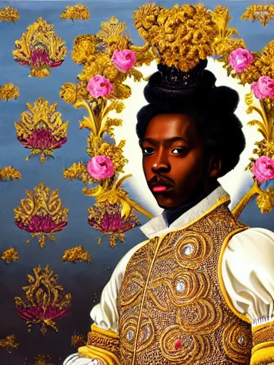 Image similar to rococo painting of a black prince wearing a golden crown with pastel flowers, symmetrical, realistic, 8 k, digital painting, art by kehinde wiley, artem demura