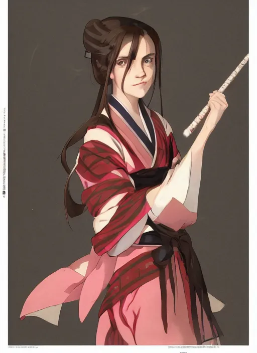 Image similar to emma watson as nezuko Kamado from demon slayer anime ねずこ nezuko from demon slayer anime ねずこ nezuko from demon slayer anime ねずこ wearing kimono wrapped mouth by artgem by greg rutkowski trending on artstation