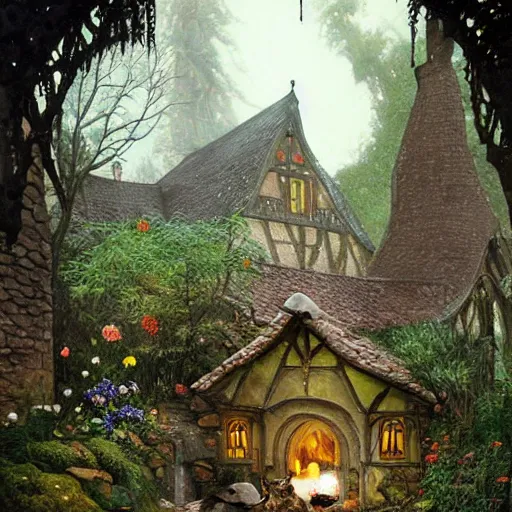 Image similar to cat in medieval hobbit house, ornate, beautiful, atmosphere, vibe, mist, smoke, fire, chimney, rain, wet, pristine, puddles, melting, dripping, snow, creek, lush, ice, bridge, forest, roses, flowers, by stanley artgerm lau, greg rutkowski, thomas kindkade, alphonse mucha, loish, norman rockwell