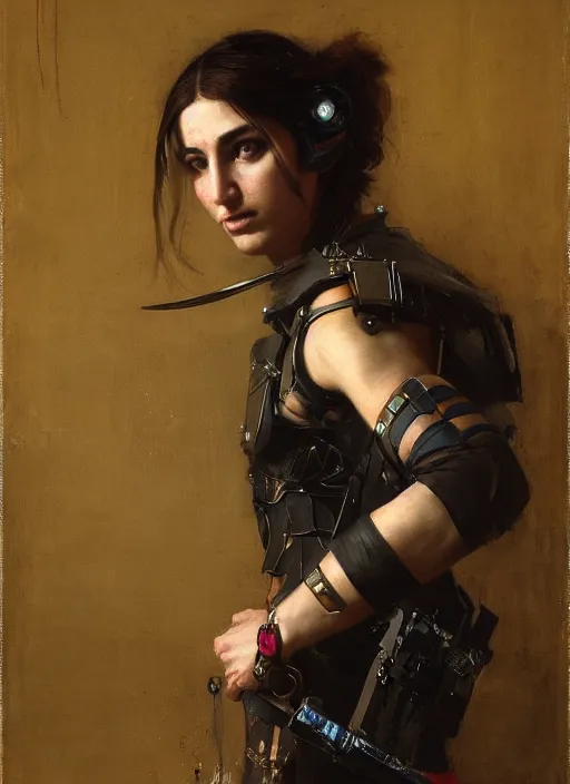 Image similar to beautiful cyberpunk mercenary wearing military vest. Iranian orientalist portrait by john william waterhouse and Edwin Longsden Long and Theodore Ralli and Nasreddine Dinet, oil on canvas. Cinematic, hyper realism, dramatic lighting, high detail 4k